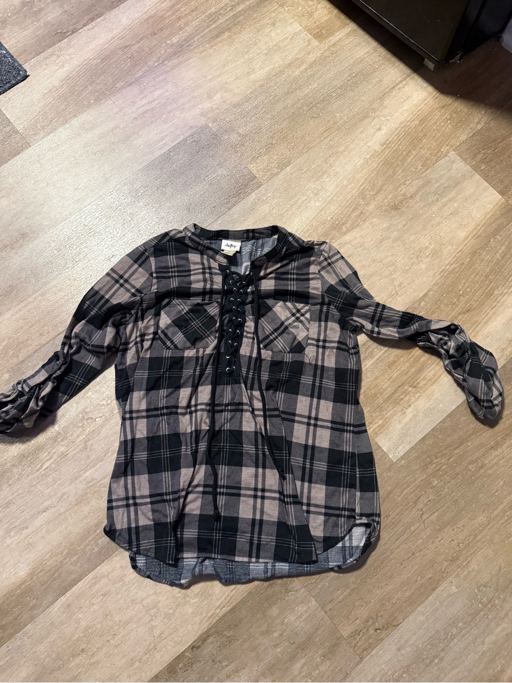 Daytrip Black & Taupe Plaid Lace-Up Women's Blouse